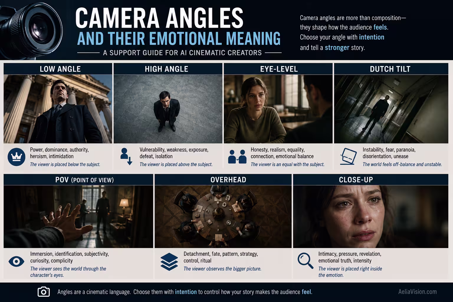 Camera angles and their emotional meaning for cinematic scenes