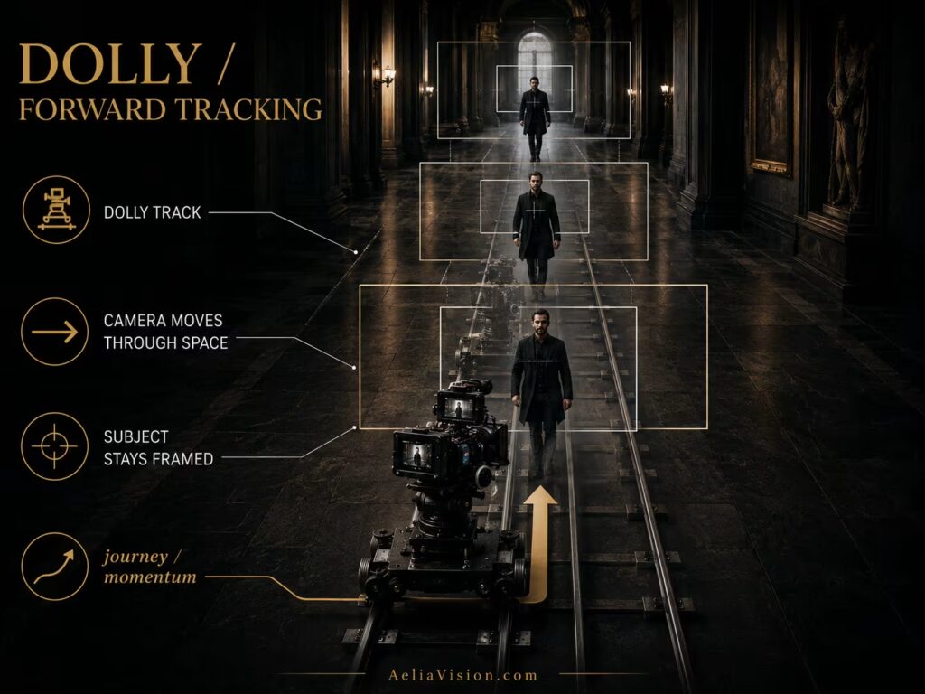 Forward dolly tracking movement following a subject