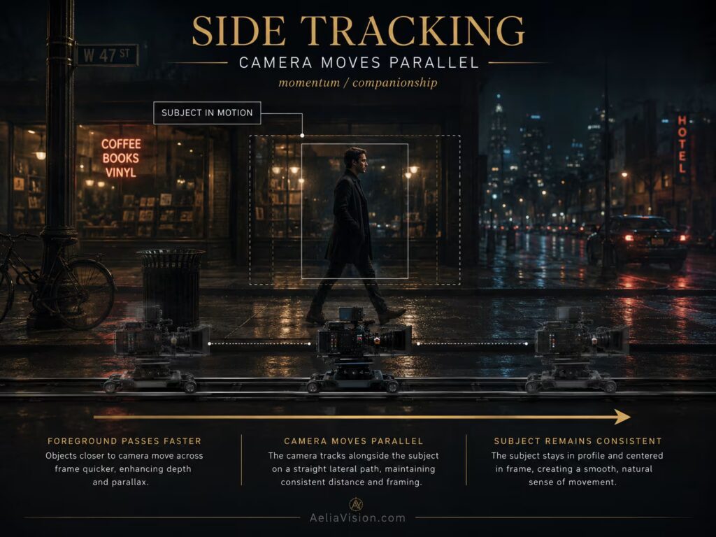 Side tracking shot moving parallel to a subject