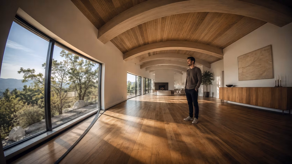 Man standing in a large room photographed with an ultra-wide 14mm view