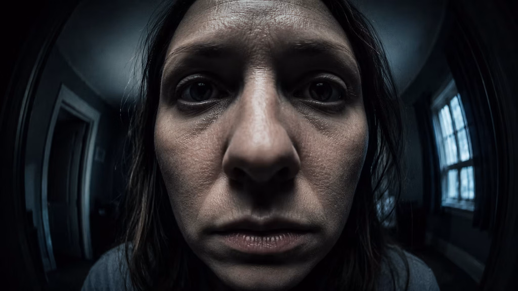 Extreme close-up showing facial distortion from a 14mm lens