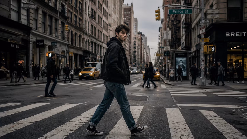 Man crossing a city street in a 35mm lens example
