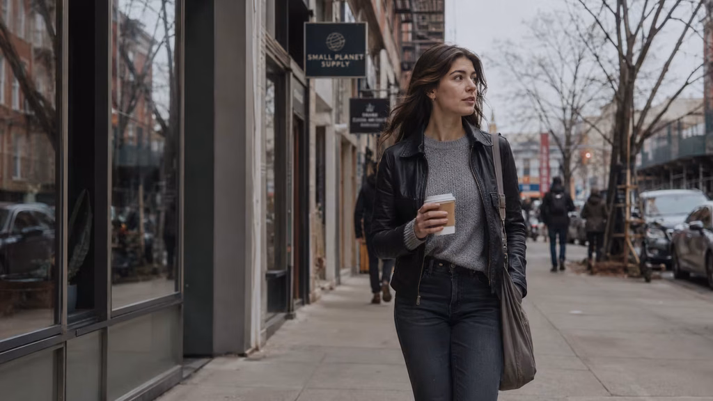 Woman walking on a city street in a 35mm documentary-style frame