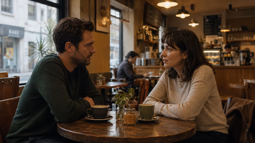 Two people talking across a cafe table in a 35mm dialogue frame