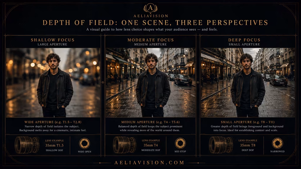 Comparison of shallow, moderate, and deep depth of field in the same street scene