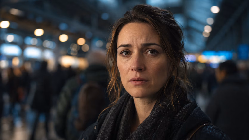 Woman in a crowded station isolated with shallow depth of field