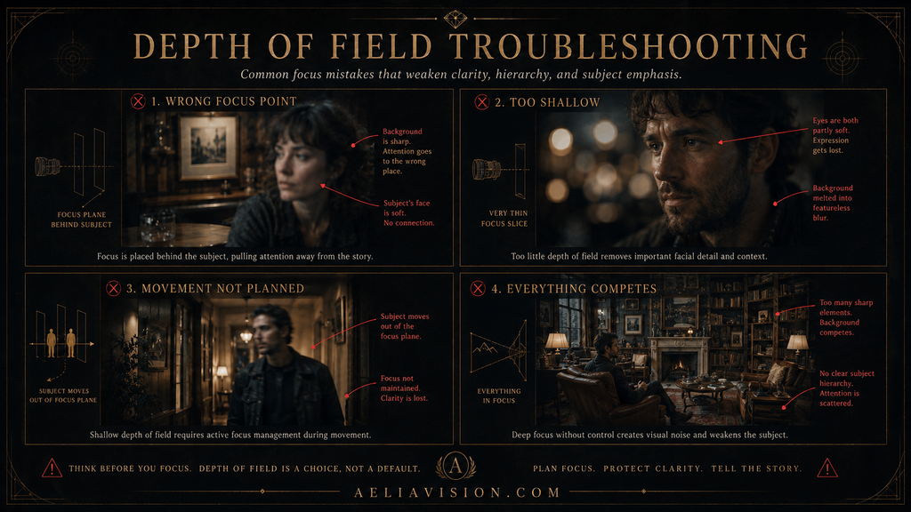 Four depth-of-field mistakes: wrong focus, excessive blur, focus drift, and visual clutter