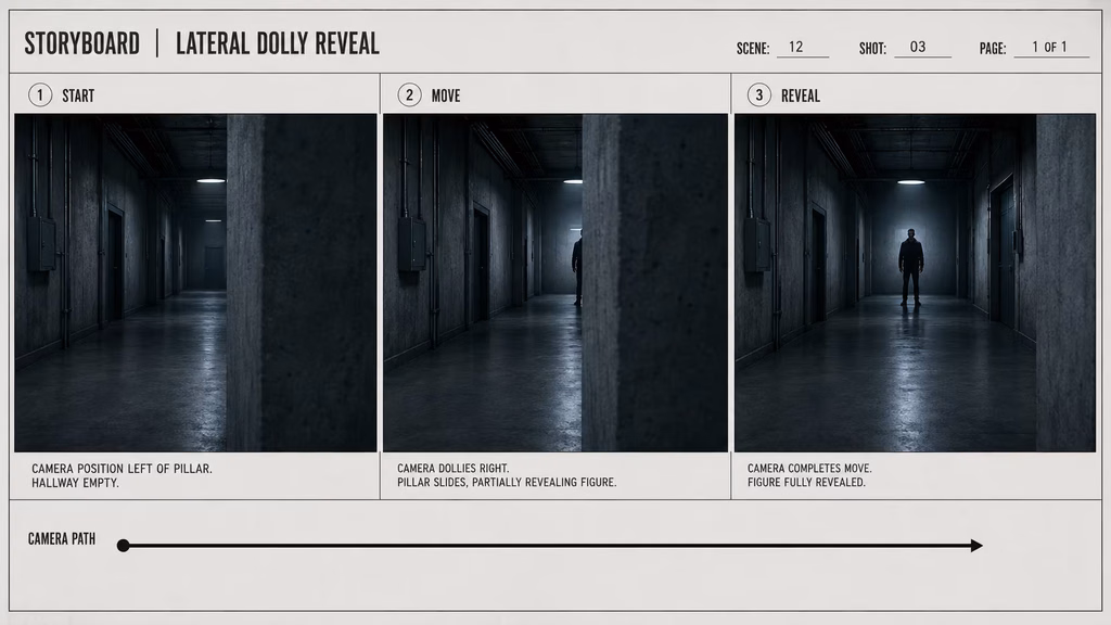 Three-frame dolly plan showing the start, sideways camera path, and final reveal