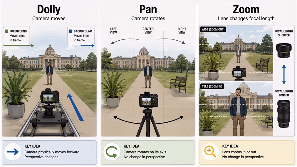 Comparison of a dolly, pan, and zoom showing translation, rotation, and optical enlargement