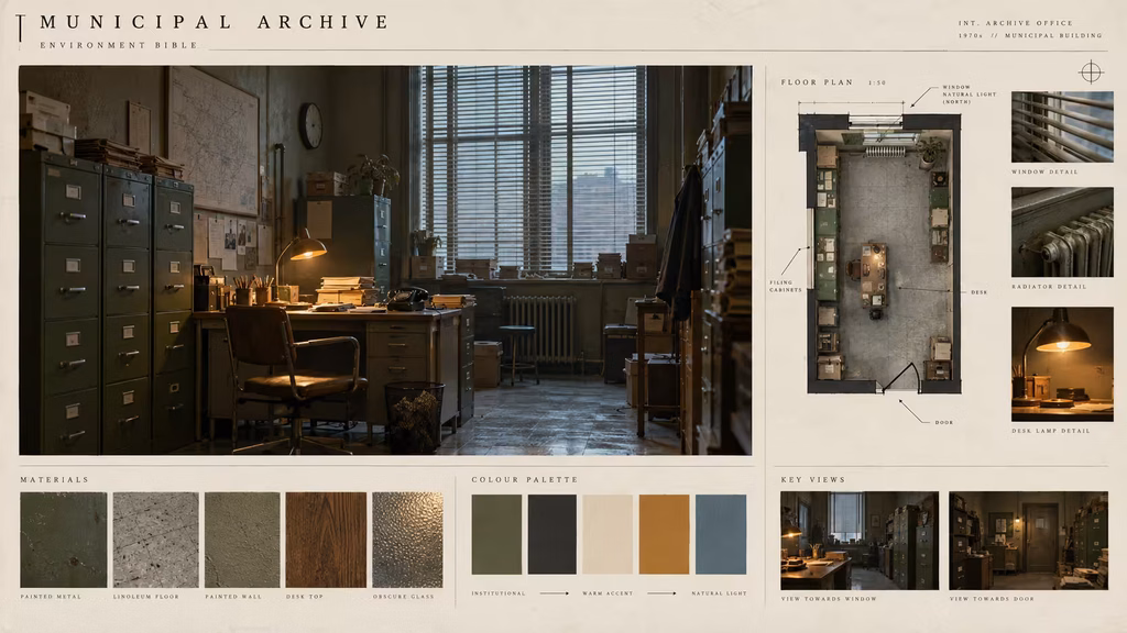 Environment bible page for an AI film archive office with layout palette materials and lighting notes.