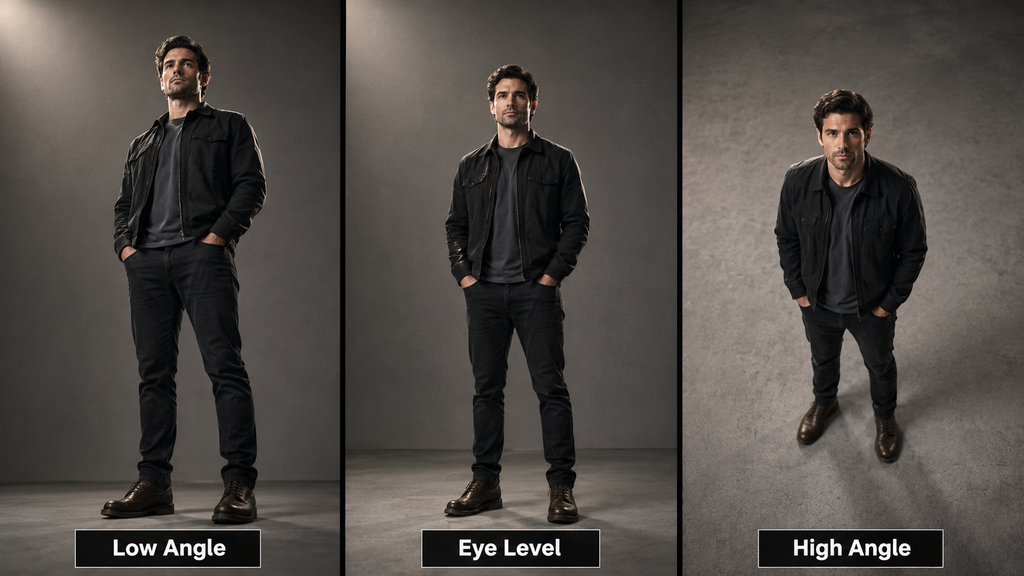 Low-angle, eye-level, and high-angle views of the same man