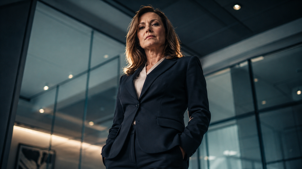 Businesswoman photographed from a low camera angle