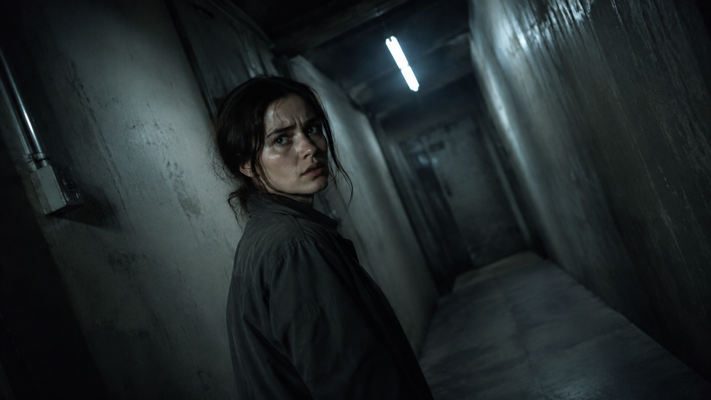Dutch-angle shot of a frightened woman in a dark corridor