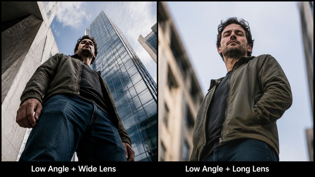 Low-angle wide-lens and long-lens perspective comparison