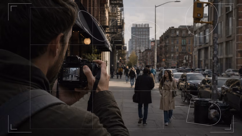 Photographer checking the corners and edges of a street photography frame Visual description