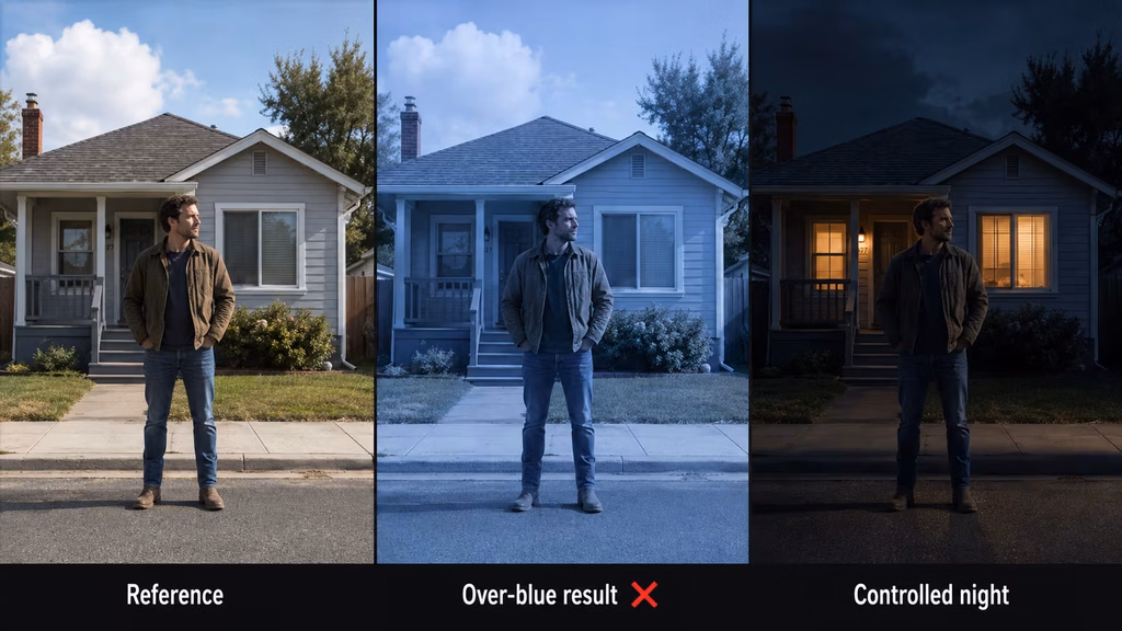 AI day-for-night prompt workflow converting a daylight reference image into a believable nighttime scene