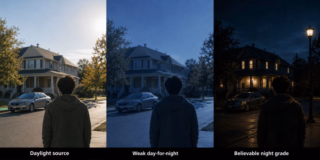 Day-for-night color grading comparison showing daylight footage transformed into a believable night scene