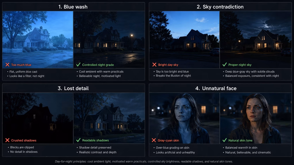 Day-for-night grading mistakes showing a blue filter, bright daytime sky, crushed shadows, and gray skin