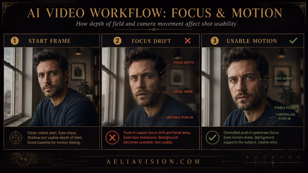 Three-stage AI video workflow comparing focus drift with a stable moderate-focus result