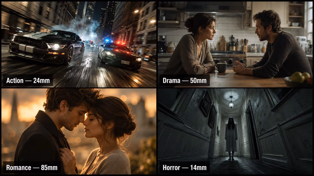 Action, drama, romance, and horror lens-choice examples