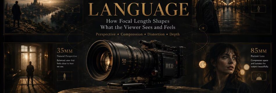 Lens language infographic comparing 14mm, 35mm, 50mm, and 85mm