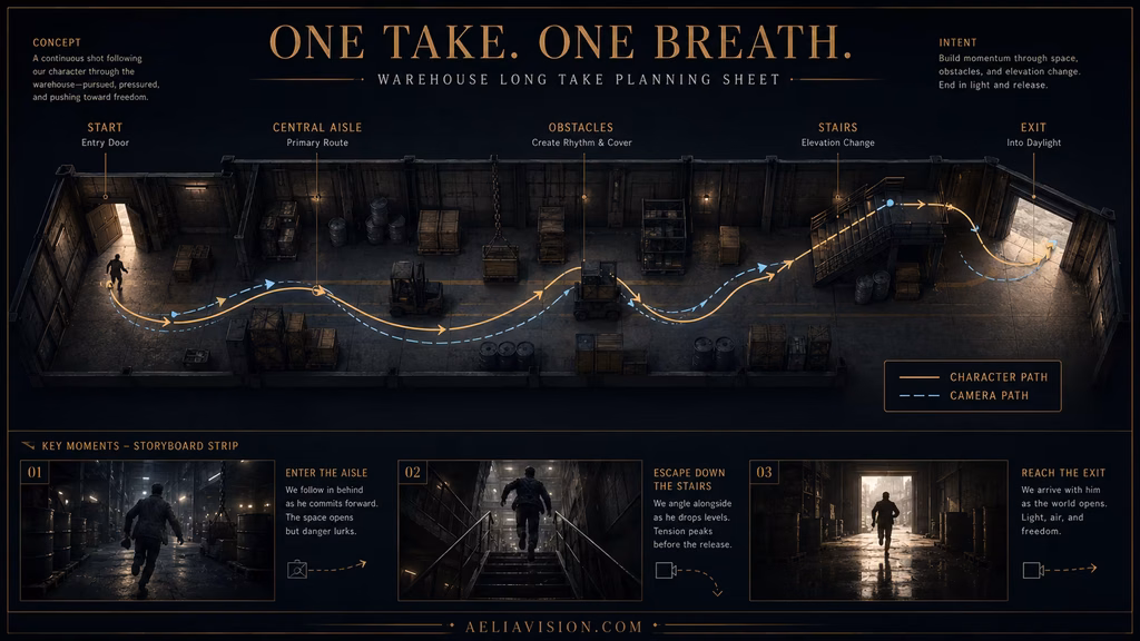 Long take action sequence mapped across a hallway, staircase, and exit with a continuous camera path.