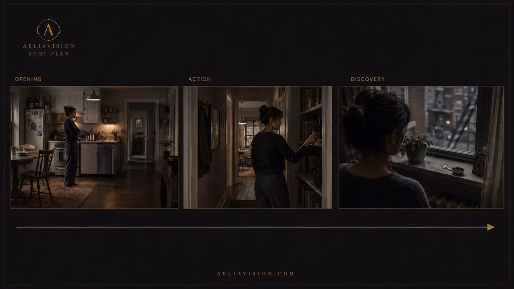 Long take storyboard showing the opening, development, and final reveal of one continuous camera movement.
