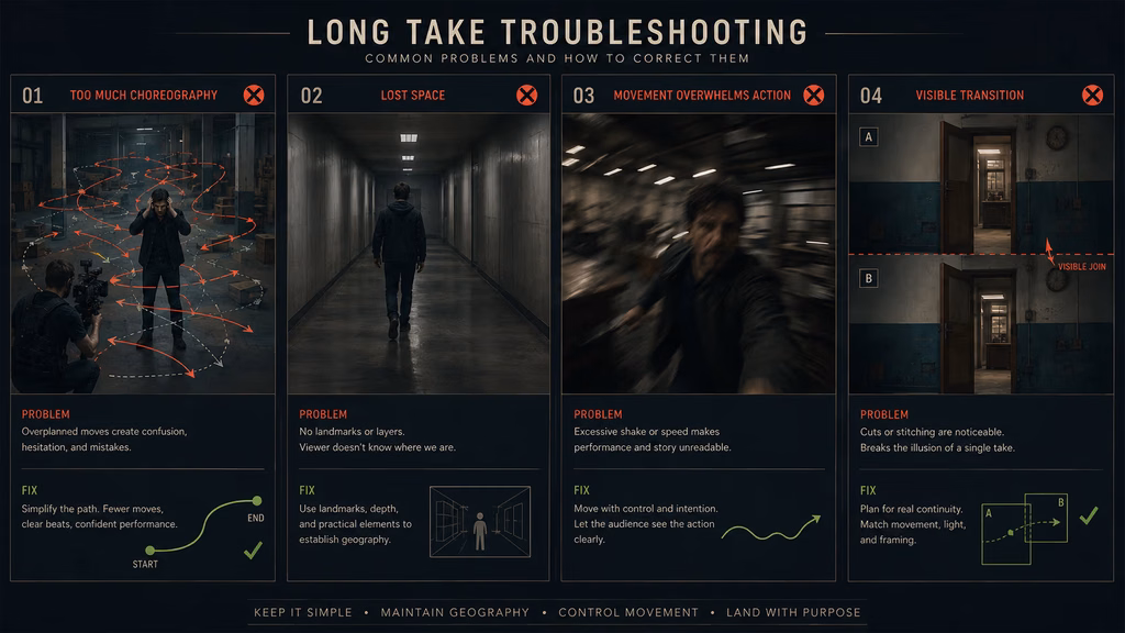 Long take troubleshooting graphic showing camera drift, lost geography, excessive movement, and visible hidden cuts.