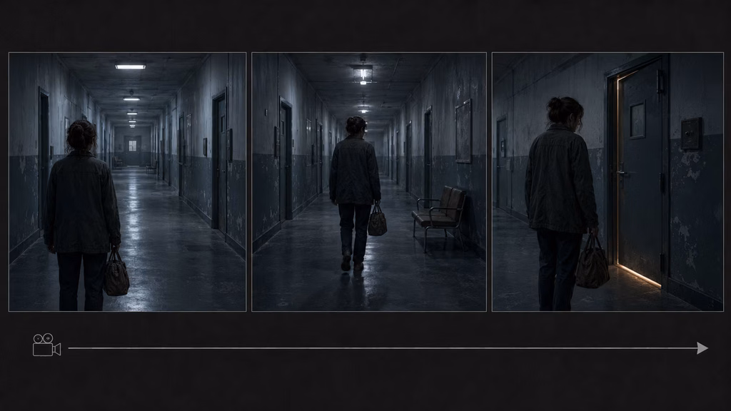 Long take camera follows a character walking toward a tense doorway in a dark corridor