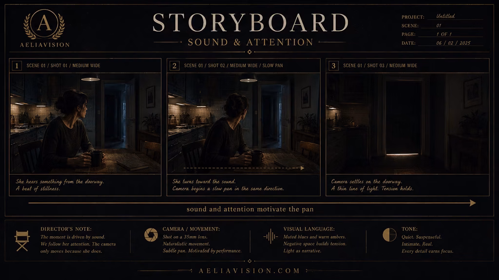 Diagram showing a character action triggering a motivated camera movement toward a doorway.