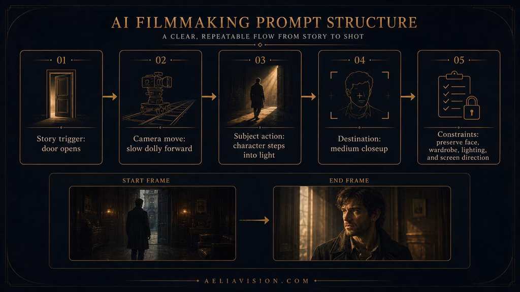 AI video prompt structure connecting a story trigger to camera movement and final frame. 
