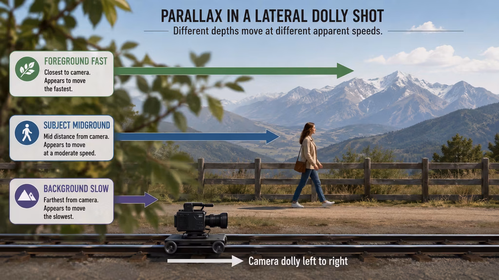 Lateral dolly diagram with foreground, subject, and background moving at different speeds