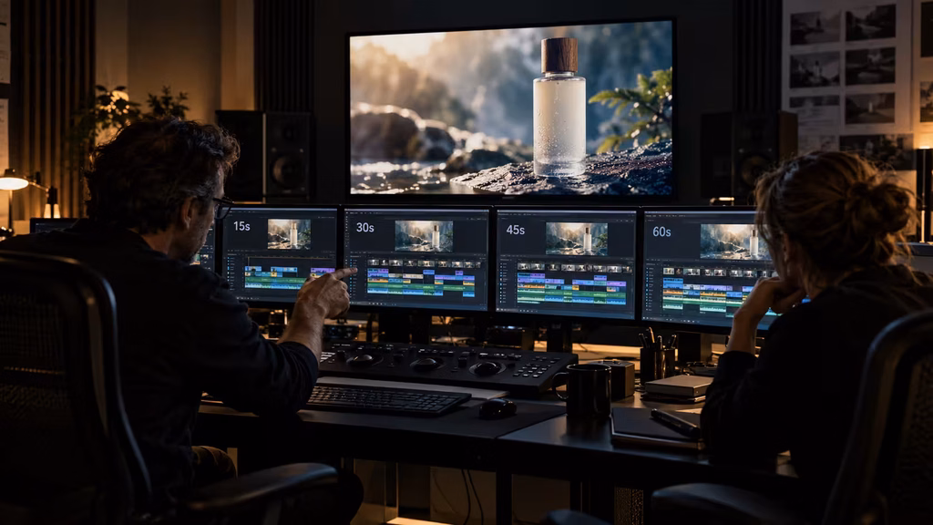 Commercial editor comparing 15, 30, 45, and 60 second advertising cuts in a postproduction suite