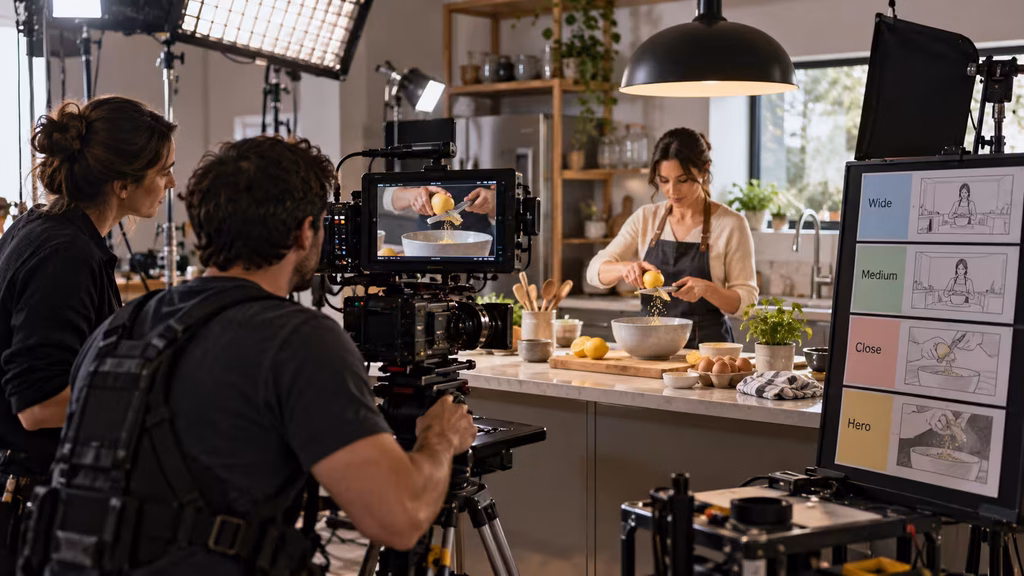 Commercial crew filming product proof coverage for 15, 30, 45, and 60 second ad edits