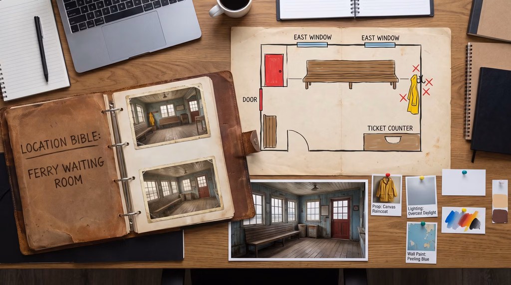 Location bible and floor plan used to keep an AI generated film set consistent.
