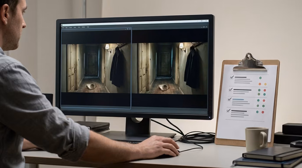 Editor checking environment continuity across adjacent AI generated film shots.