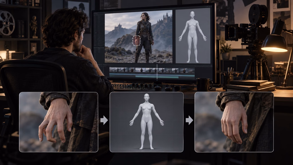 AI filmmaking workflow using pose references and inpainting to correct a character's anatomy