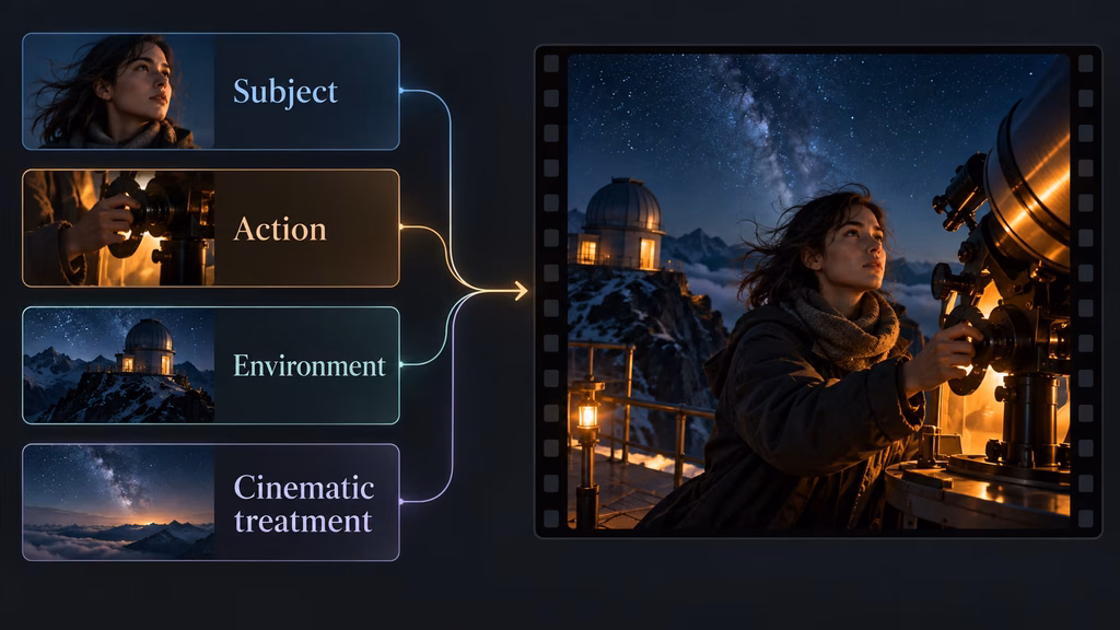 Four layers of a clear AI film prompt shown beside a cinematic scene