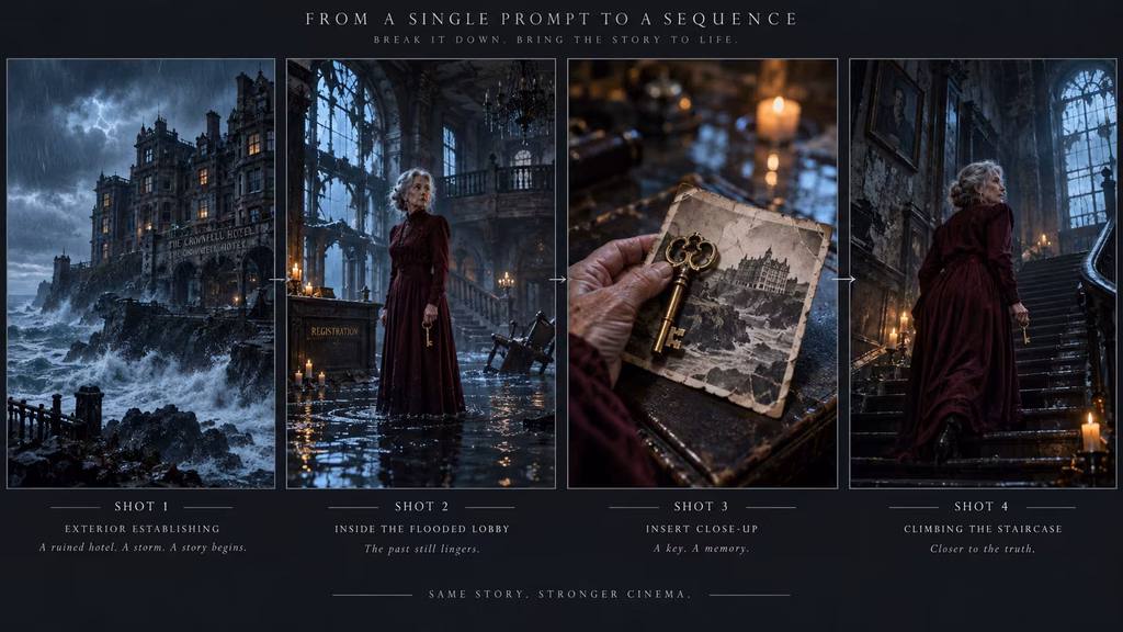 A complex AI film idea organized into four focused cinematic shots