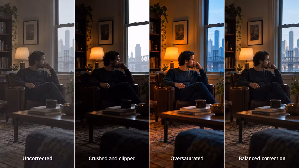 Before and after comparison showing common cheap color grading problems and a balanced correction.
