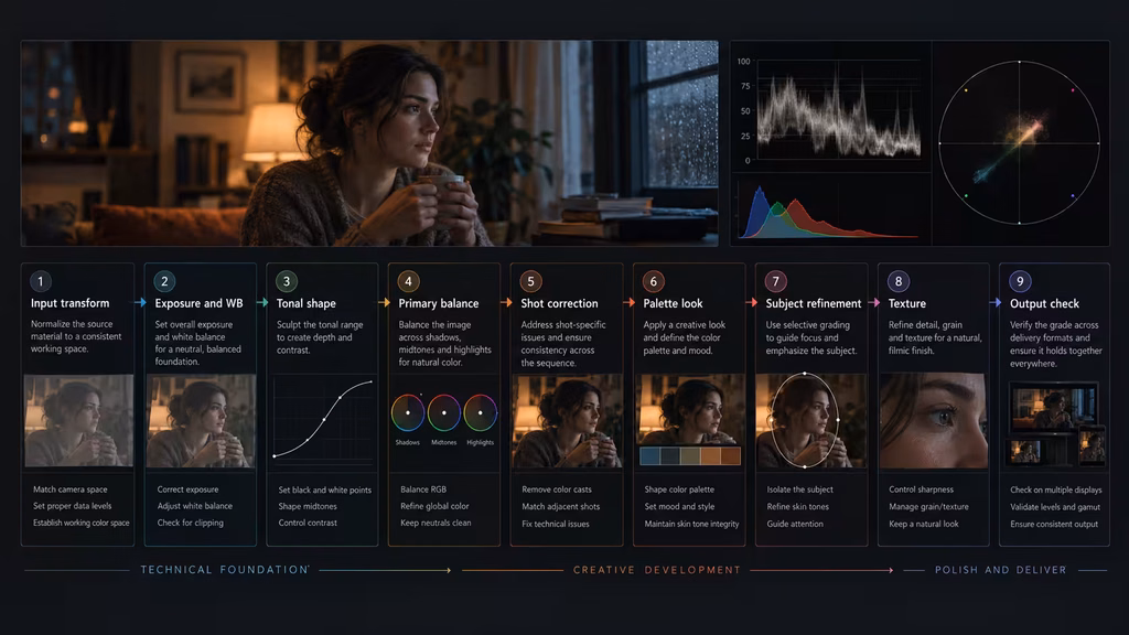 color grading node workflow from technical correction to final restrained look.