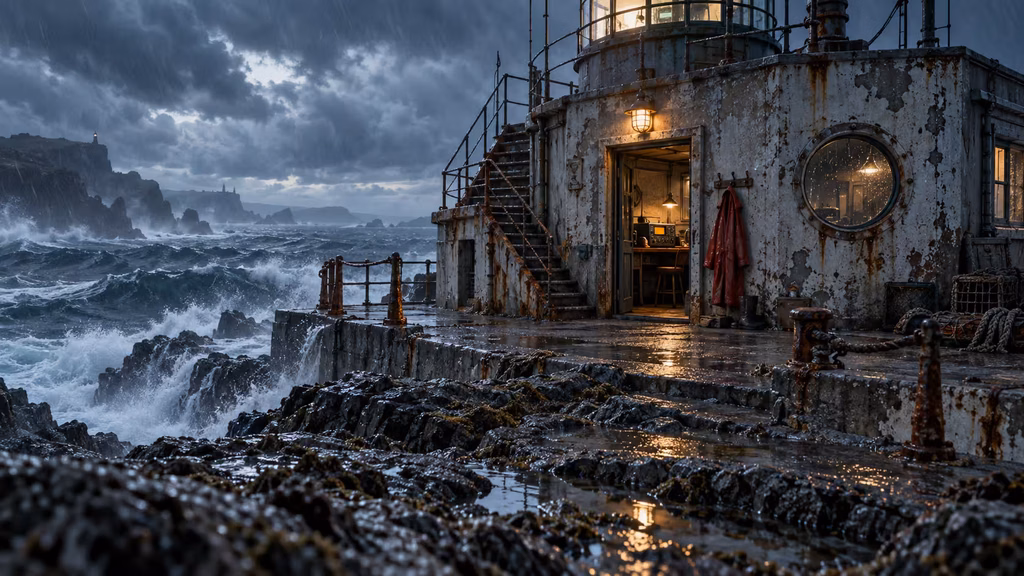 Cinematic environment continuity reference for an old coastal signal station