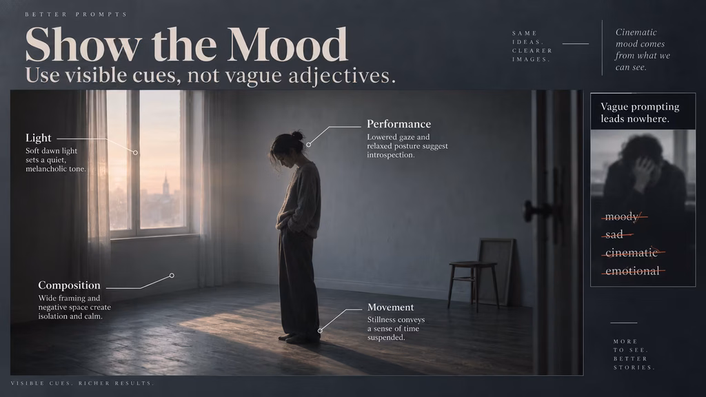Visible lighting and performance cues used to create cinematic mood in an AI shot