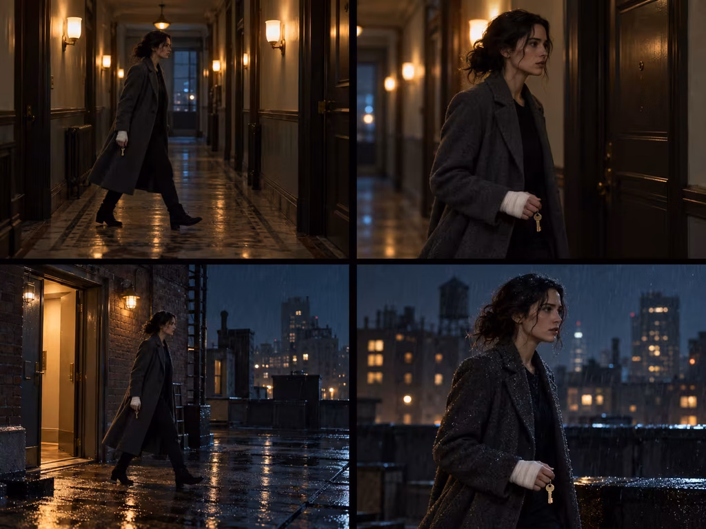 Cinematic continuity board showing matching character and prop states across four shots