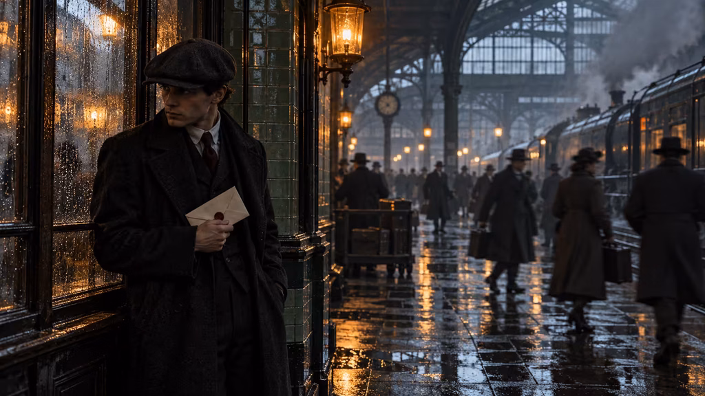 Cinematic storyboard keyframe showing a courier in a rain soaked train station