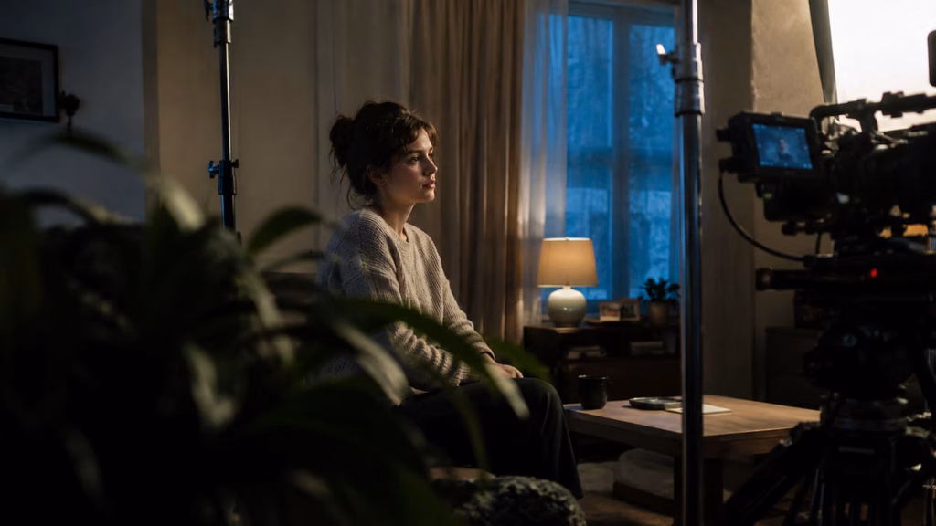 Layered film lighting separating a foreground frame, actor, and distant background