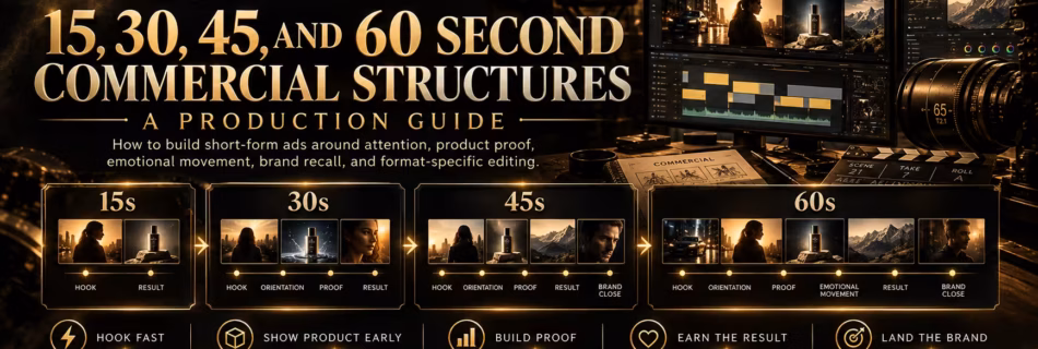 Commercial director planning timed beat sheets for 15, 30, 45, and 60 second advertising edits