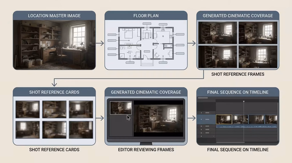 Workflow for creating and checking consistent environments in AI filmmaking.