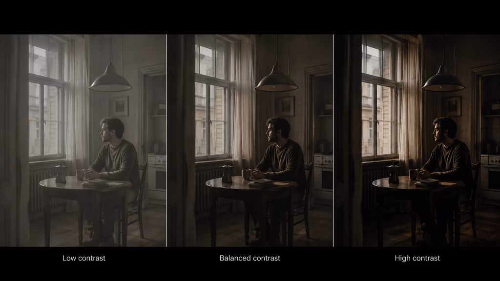 Comparison of low, medium, and high contrast levels in cinematic color grading