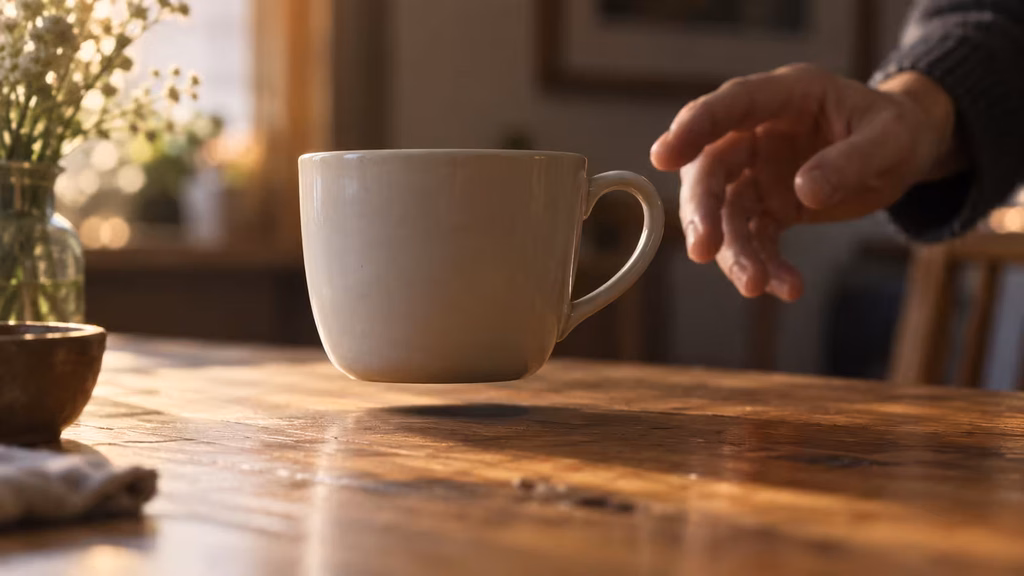 AI generated film prop floating above a tabletop with a detached contact shadow.